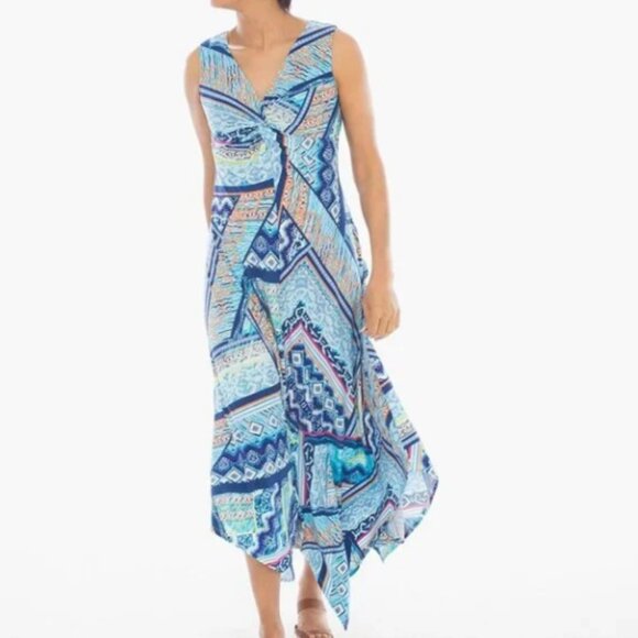 NWT Chico's Handkerchief Hem Twist Knot Blue Multicolor Print Dress Size M - Picture 2 of 14